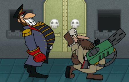 Looped GIF of Ciaphas Cain and Jurgen (with his beloved meltagun) walking along a corridor in the style of the Soviet Treasure Island/Dr Livesey Phonk Walk meme.