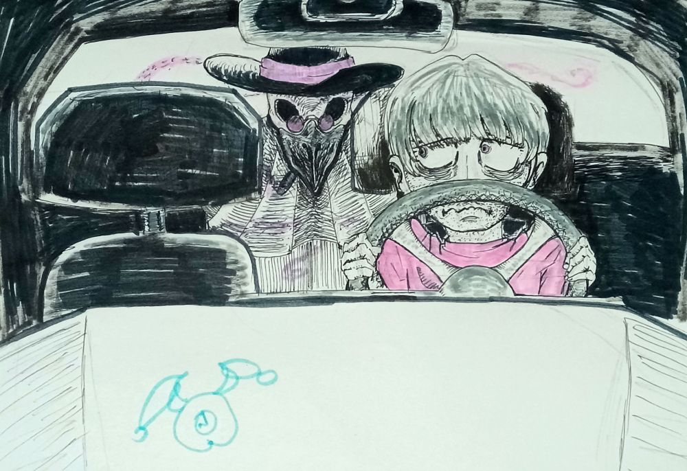 Perspective inking peering over car hood into car. A human in a pink shirt grasps the steering wheel tight while trying to look back into the backseat from the corner of their eyes. A creature with a raven skull wearing lavender-tinted glasses in a cloak sits in the back seat. It wears a wide-brimmed hat and smokes a cigar. Meet Renoir.