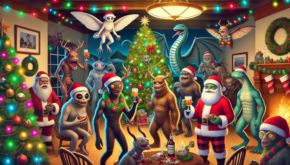 Cryptids decked out with Christmas spirit and holiday cheer