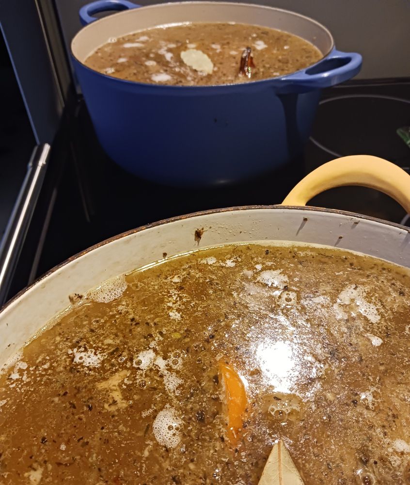 Simmering turkey stock.
