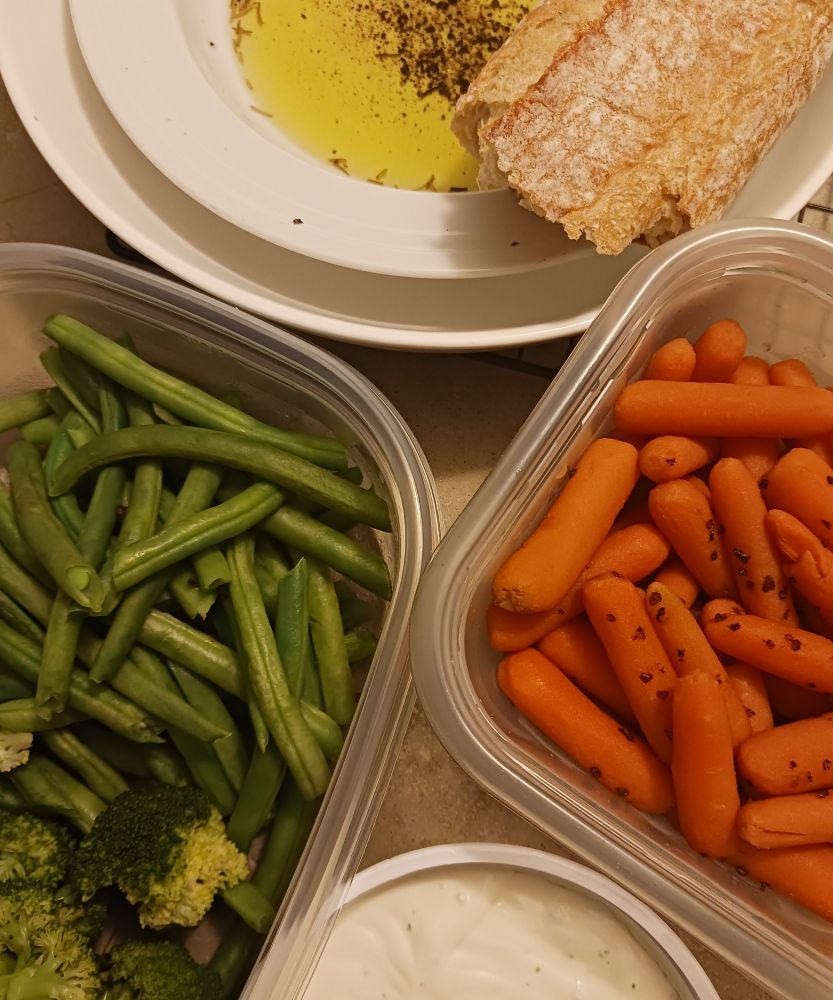 Veggies and dip, baguette with dipping oil