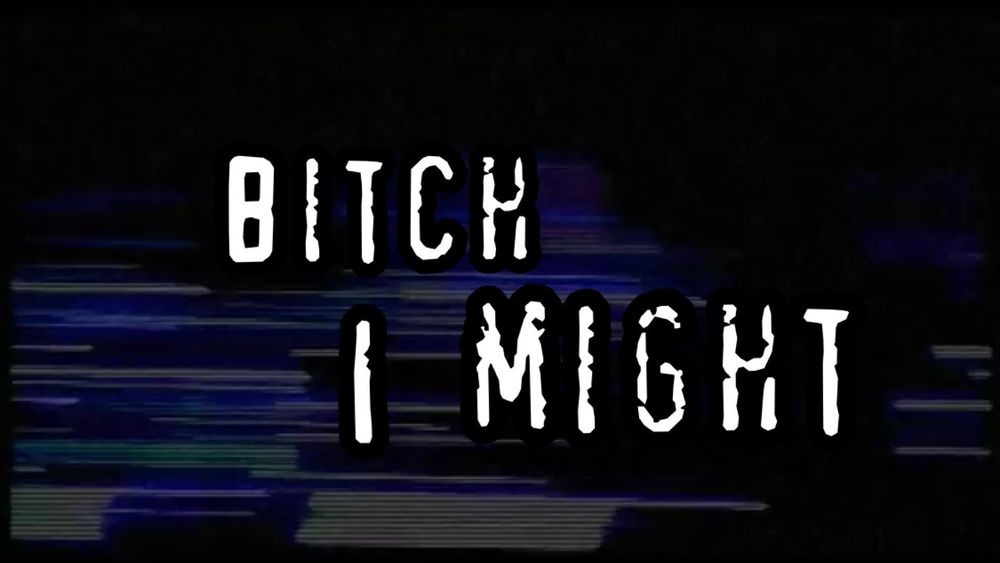 A distorted television screen with the words "Bitch I Might" laid overtop