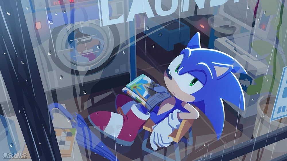 Sonic looking through a window while waiting for his laundry to finish at thr laundromat 