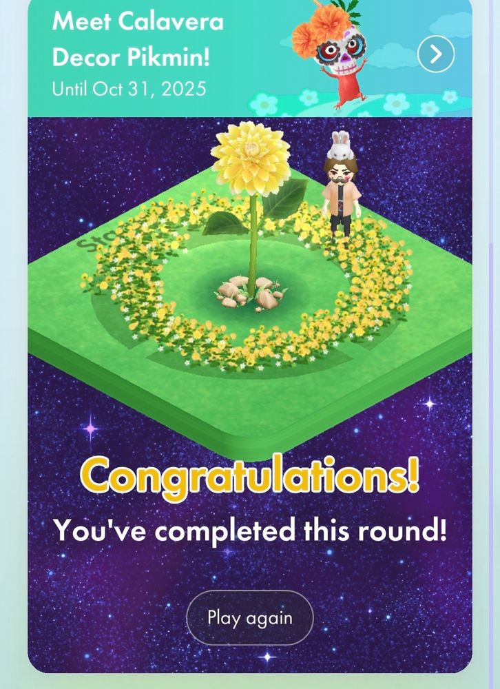 Screenshot of Pikmin Bloom game: Congratulations! You've completed this round!
My character is standing near a large dahlia flower