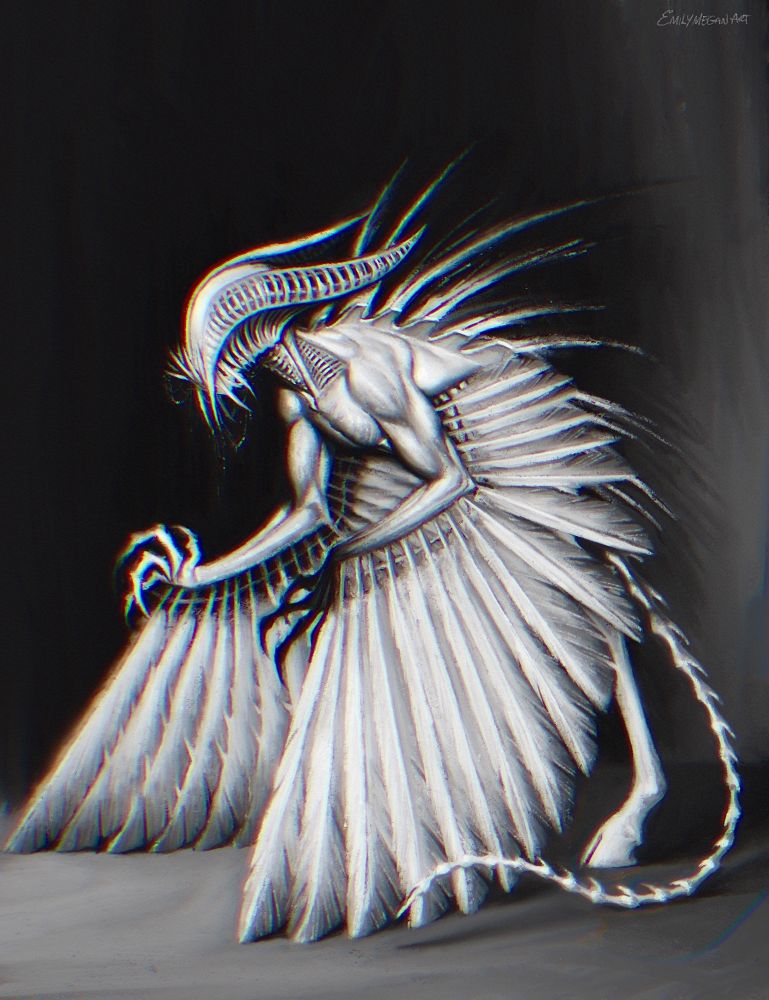 Creepy black and white art depicting a weird, winged demon creature with horns and no eyes and big sharp teeth. Influence of H.R Giger 