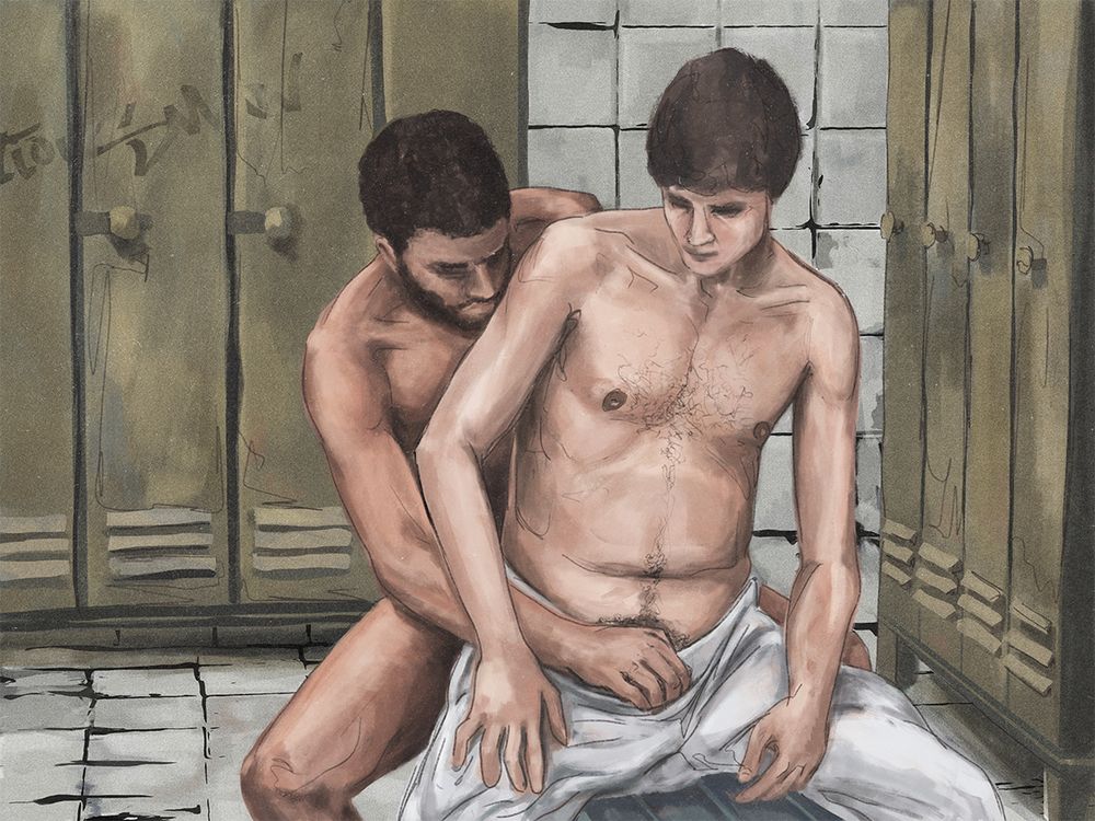 two men in a locker room