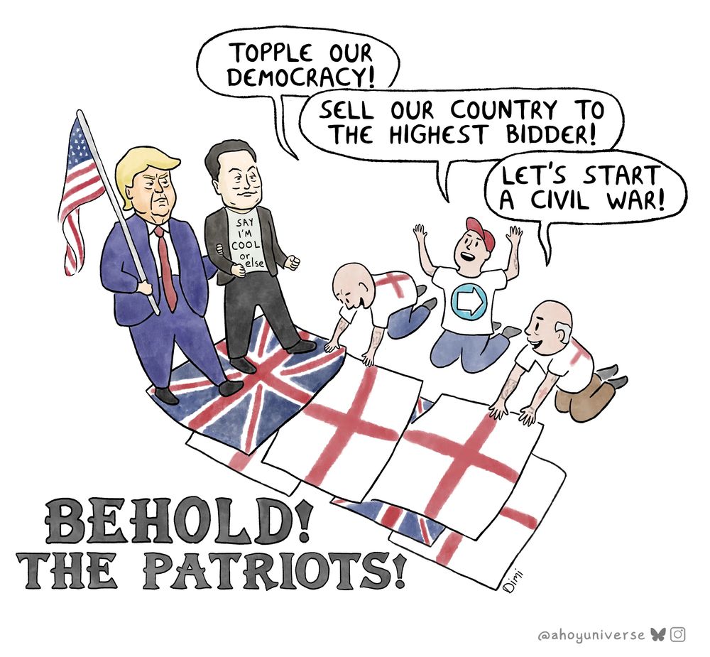 Behold the patriots. Right wing idiots bowing down to Elon a Trump, walking on a carpet of UK/English flags, begging for them to 'topple our democracy'; 'sell our country to the highest bidder'; 'lets start a civil war'.