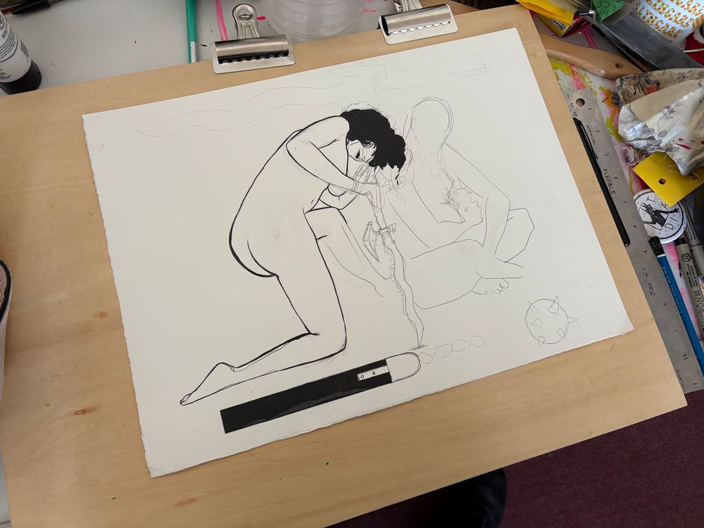 Work in progress drawing of two figures holding weapons, in distressed poses