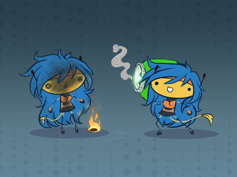 skoodle doodle art commission of an oc with yellow skin and blue hair, one she is covered in smoke from something blowing up and the other she is holding a giant mega blaster
