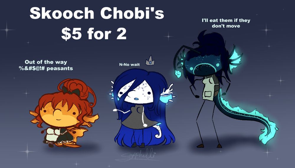 silly sketch chibis of an orange goldfish, white seahorse, and dark teal dragonfish