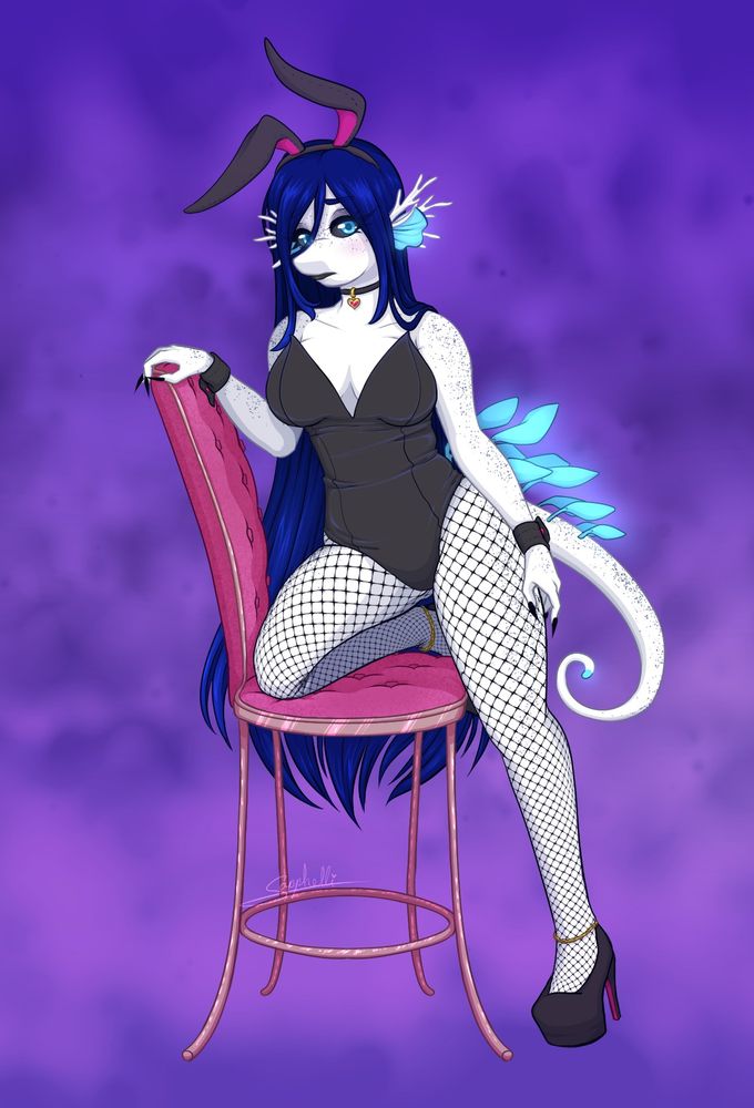 anthro white seahorse with glowing fins dressed up as a bunny girl in a black suit and fishnets, with a pink chair.