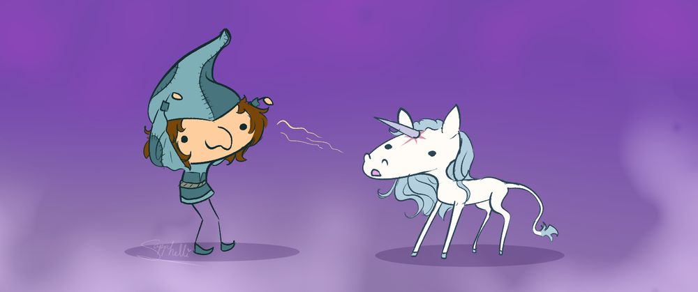 a sketch doodle ( skoodle) of the wizard and unicorn from The Last Unicorn