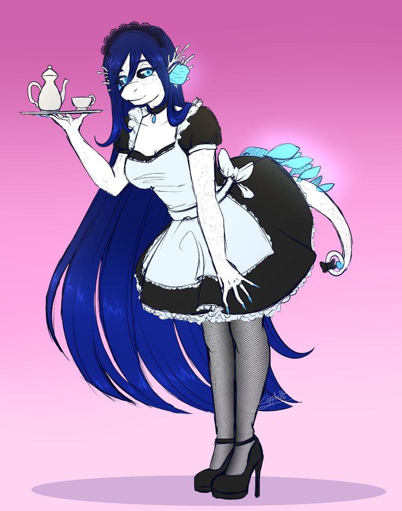 digital art of a white anthro seahorse dressed up as a maid, she has long blue hair, freckles, glowing light blue eyes.