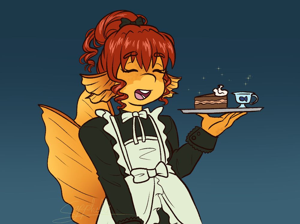 anthro goldfish maid with a tray that has cake and tea on it. she has red hair.