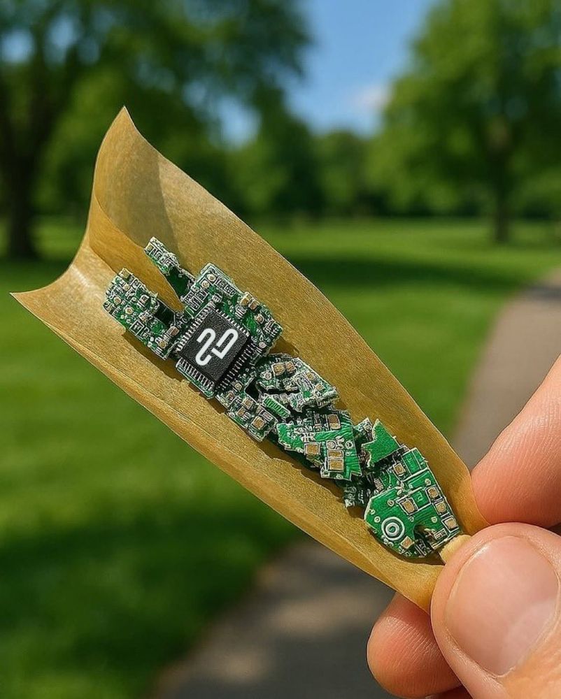A bright sunny day in a park, the photo-taker is holding an open cigarette/blunt wrapper and there are bits of PCB and microchips inside. On the biggest in-tact microchip there's an UpCloud logo.