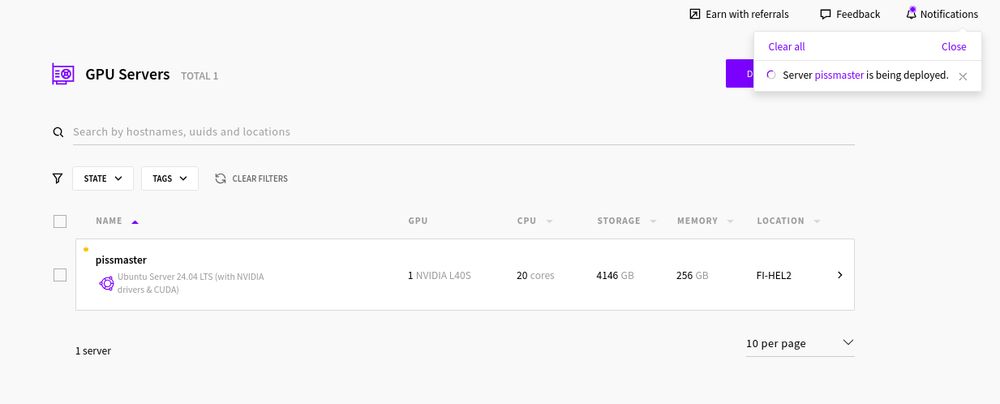 The UpCloud Hub GPU Server page with a server "pissmaster" spinning up (currently in yellow state) which has 1 GPU, 20 cores of CPU, 4146GB storage, 256GB memory, in FI-HEL2 datacenter.