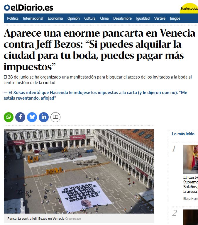 Pantallazo de una noticia sobre las protestas en Venecia por la boda de Jeff Bezos y las consecuencias que ello tiene sobre la ciudad.