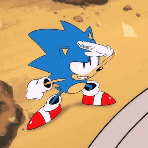 a cartoon drawing of sonic the hedgehog standing on a sandy beach