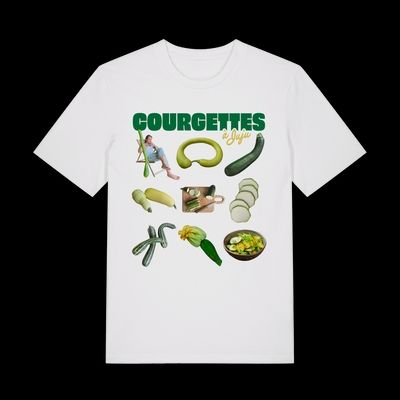 Tee-shirt "Courgettes à Juju" représentant Julien Doré dans un transat et des courgettes : entières, tranchées, cuisinées, avec fleur