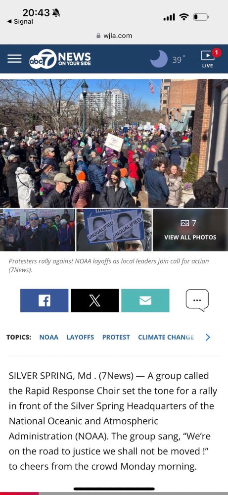 ABC News 7 screenshot. "A group called the Rapid Response Choir set the done for a rally in front of the Silver Spring Headquarters of NOAA"