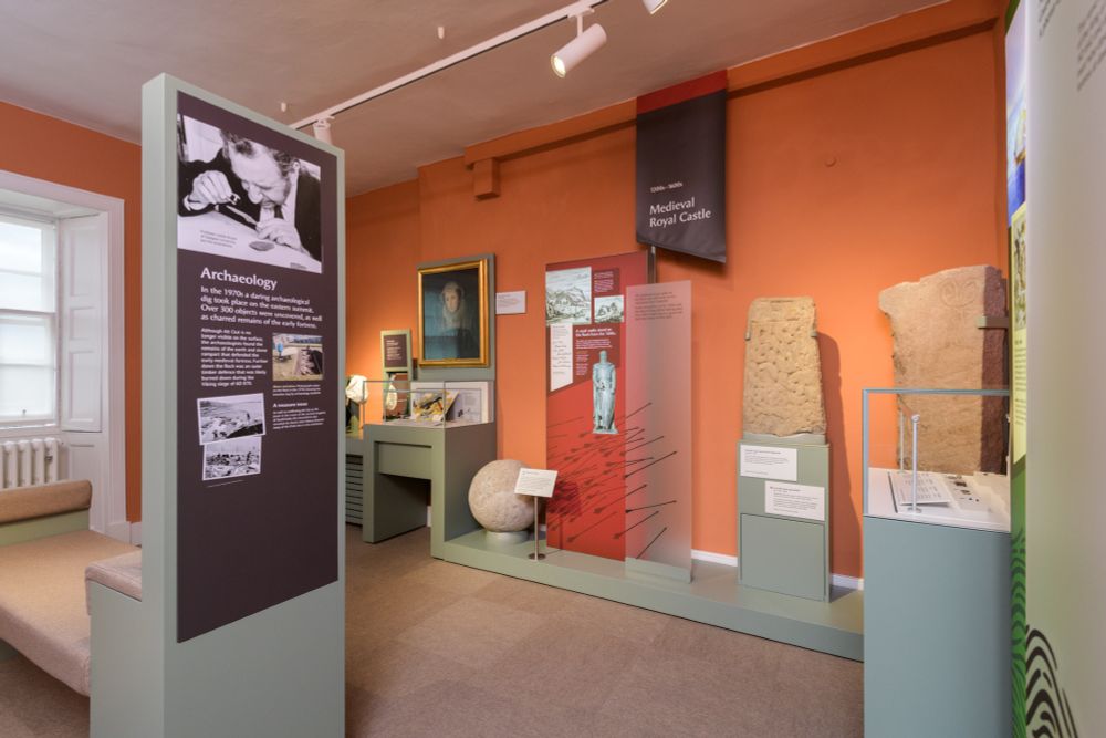 An image of an exhibition at Dumbarton Castle with artefacts and information boards