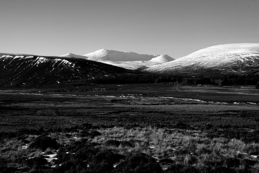 black and white photograph on Lochnagar, covered in snow
