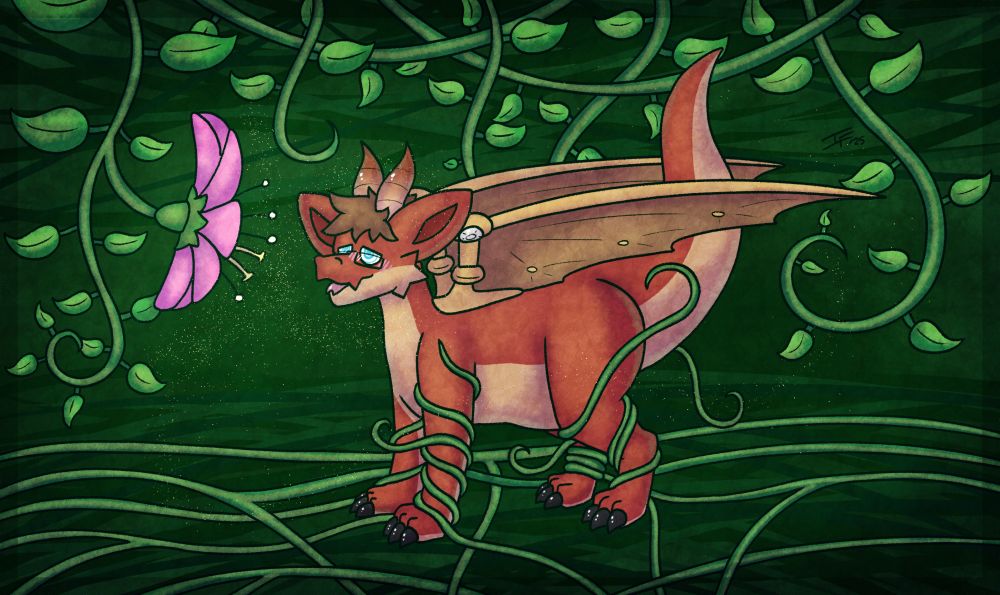 a dragon being hypnotized by a flower's pollen as vine curl around his legs