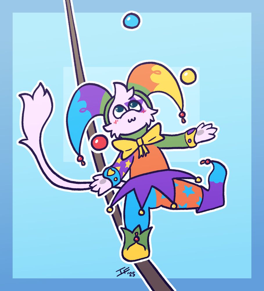 a mew wearing a jesters outfit, juggling balls while balancing on a tightrope