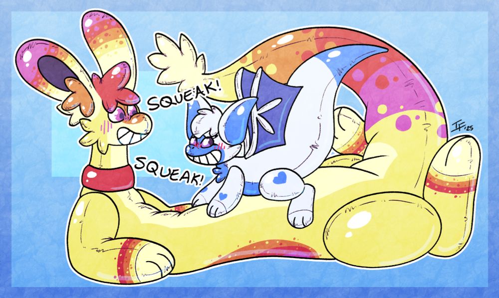 a nimbat pooltoy squeaking along with an amphimorpho pooltoy