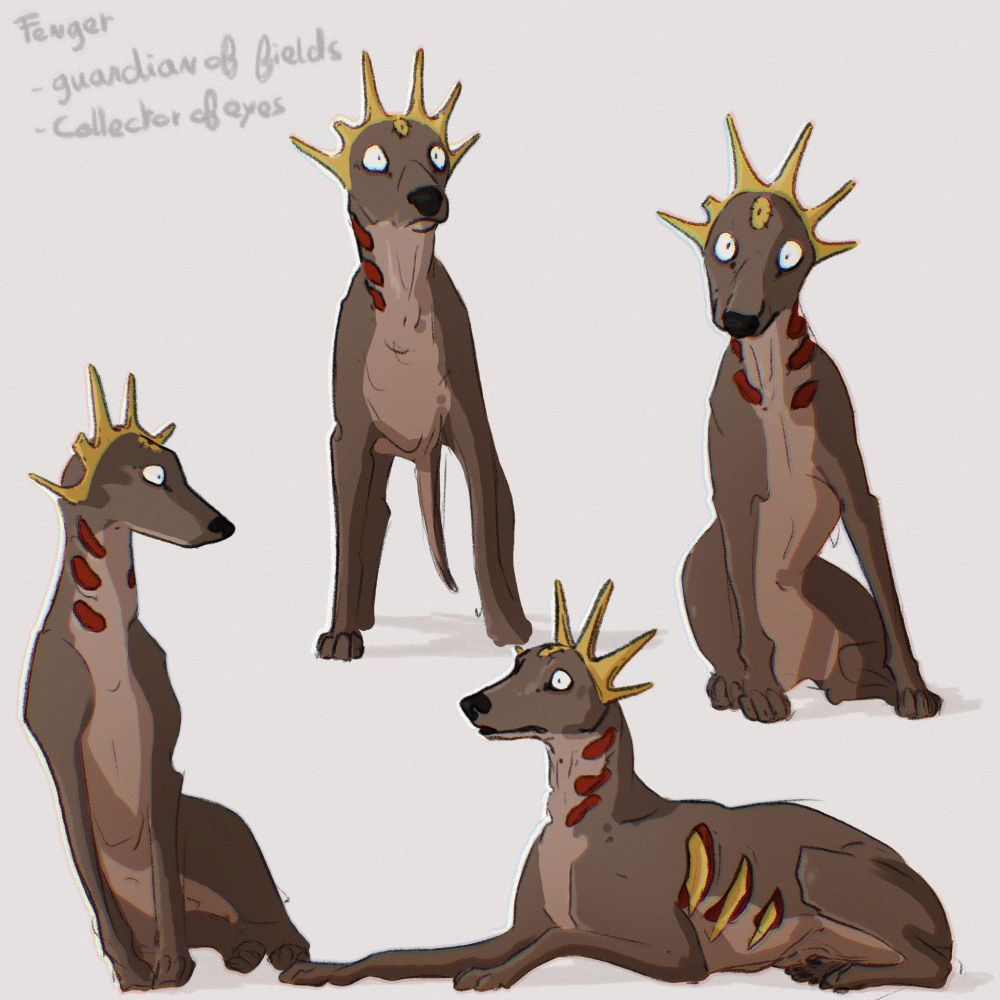 Sketch page featuring a greyhound like creature called Fenger. It has two wide eyes with a small black pupil, a third golden eye that seems like it’s been stitched to its head, has no ears but instead a golden crown coming out of its skull, with six spikes spreading in a sun-like motive. It has six holes in its neck (three on both sides) as well as in its ribs, where golden spikes poke out. Its fur is a dark brown. 