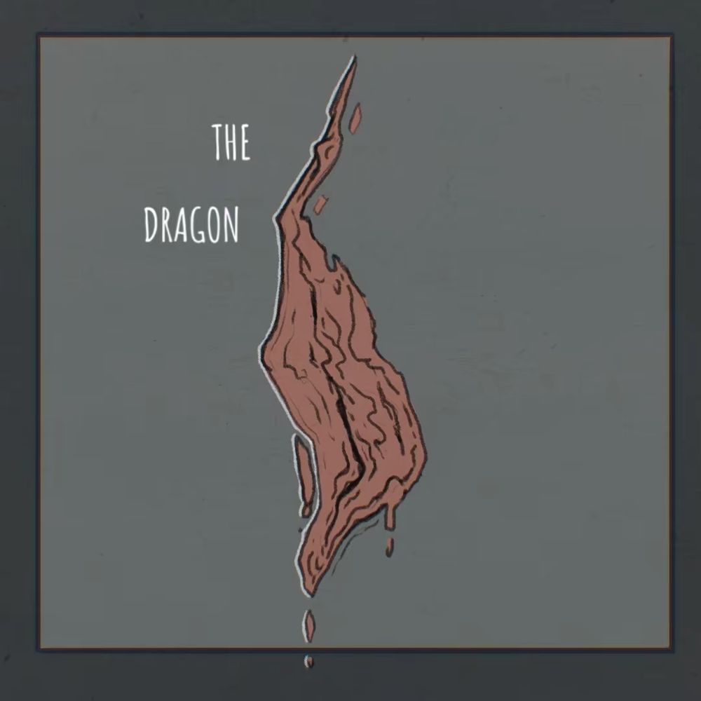 The series of images in this thread is drawn on a light grey background framed by a darker grey. The Colors are slightly pastel and flat. 

1: A fleshy opening dripping down. 
Text reads : The Dragon