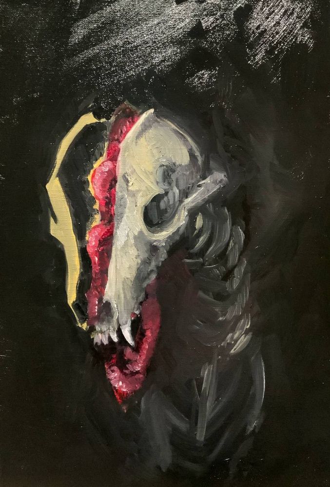 Oil painting of a dog with its skull splitting in two and viscera spilling out