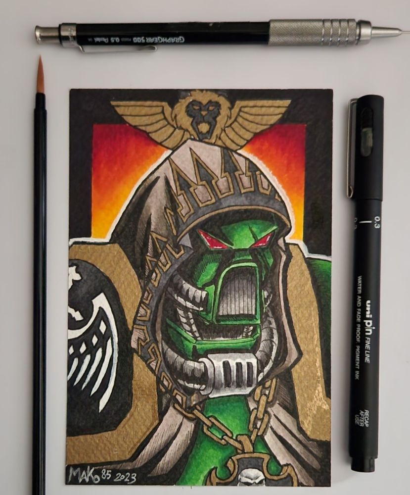 A space marine of the Dark Angels chapter with a grim drip and questionable allegiance to the Lion