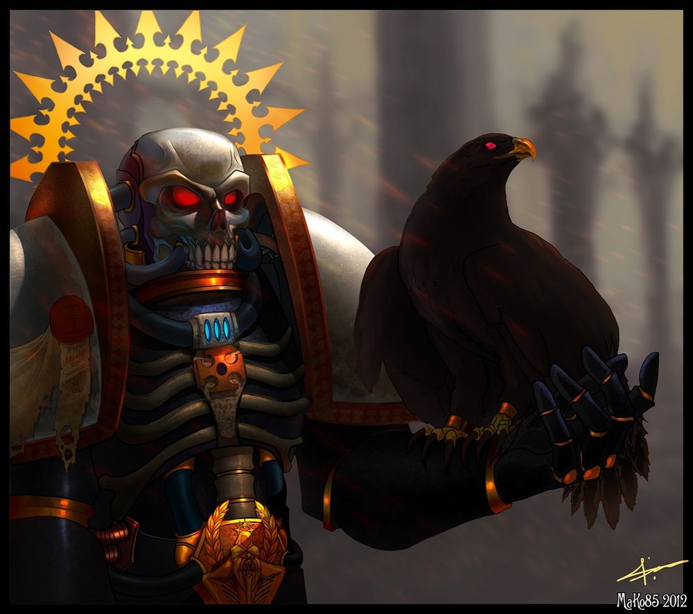 A Space Marine Chaplain from an unspecified chapter with a golden eagle perched on one arm.