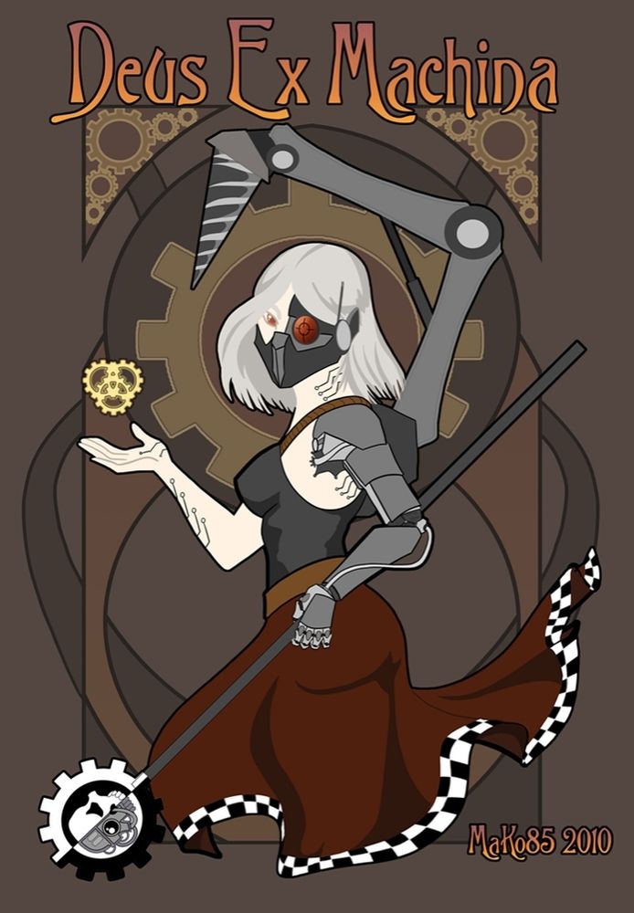 An Adeptus Mechanicus Priestess with flowing robes holding a staff in one hand and the sacred triple cog sigil in the hother.
