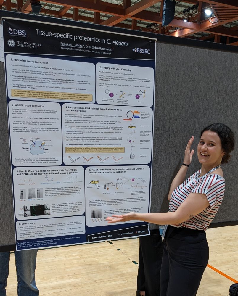 Rebekah with her research poster pinned up in a conference venue. She is displaying it with outstretched arms. 