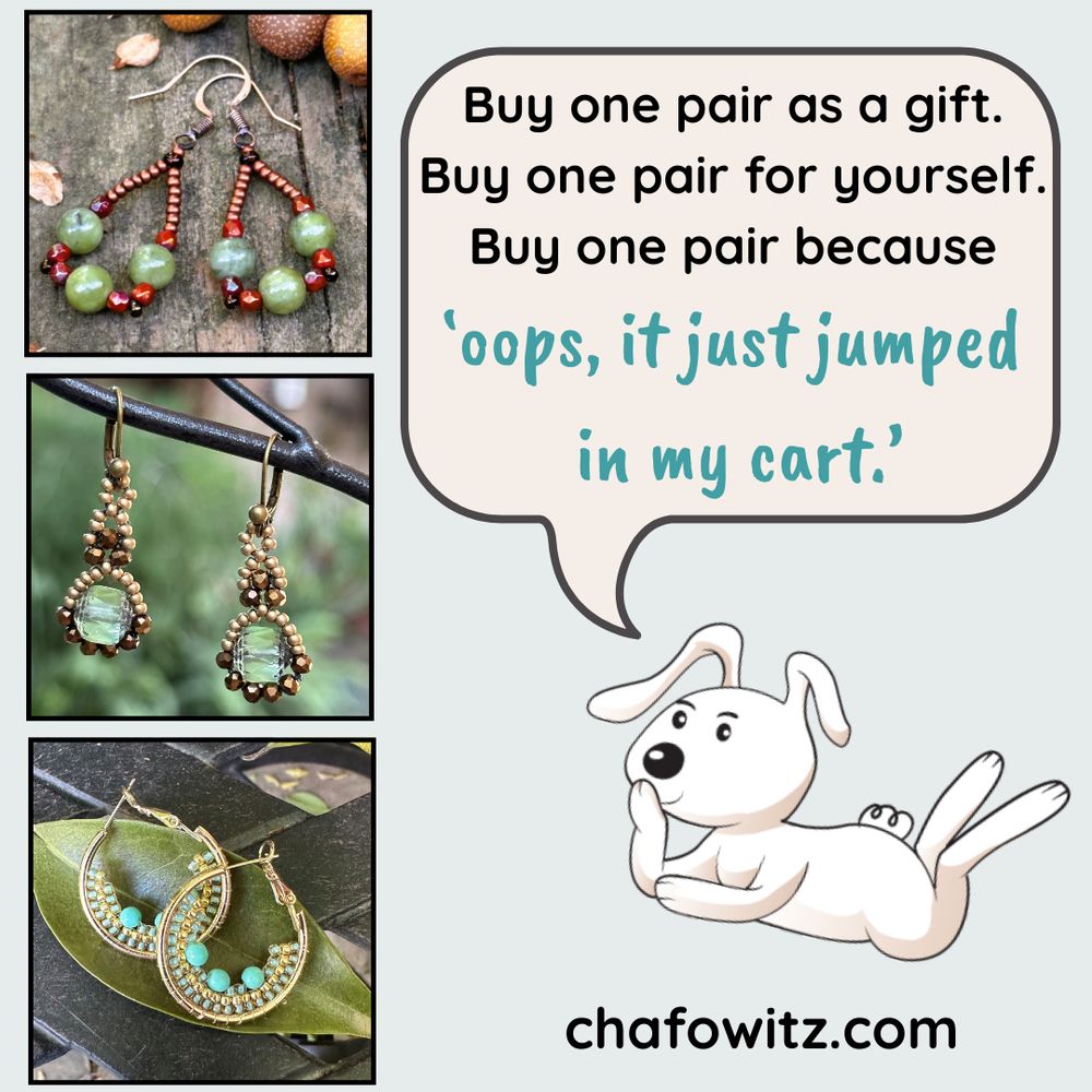 Three photo insets of different pairs of hand-beaded earrings.  Graphic of cartoon bunny with thought bubble.