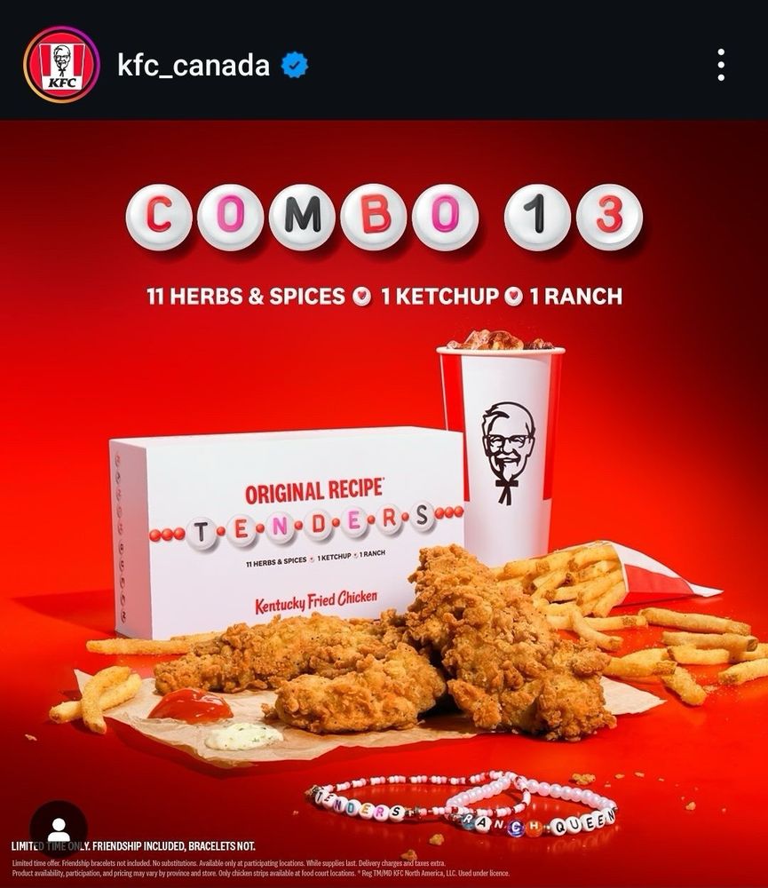a kfc canada add about a meal called combo 13 (dedicated to taylor swift amd swifties) with 11 herbs and spices, 1 ketcup, 1 ranch