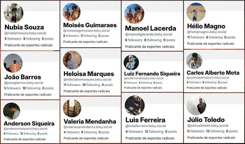screenshots of 12 Bluesky accounts with the biography "Praticante de esportes radicais"