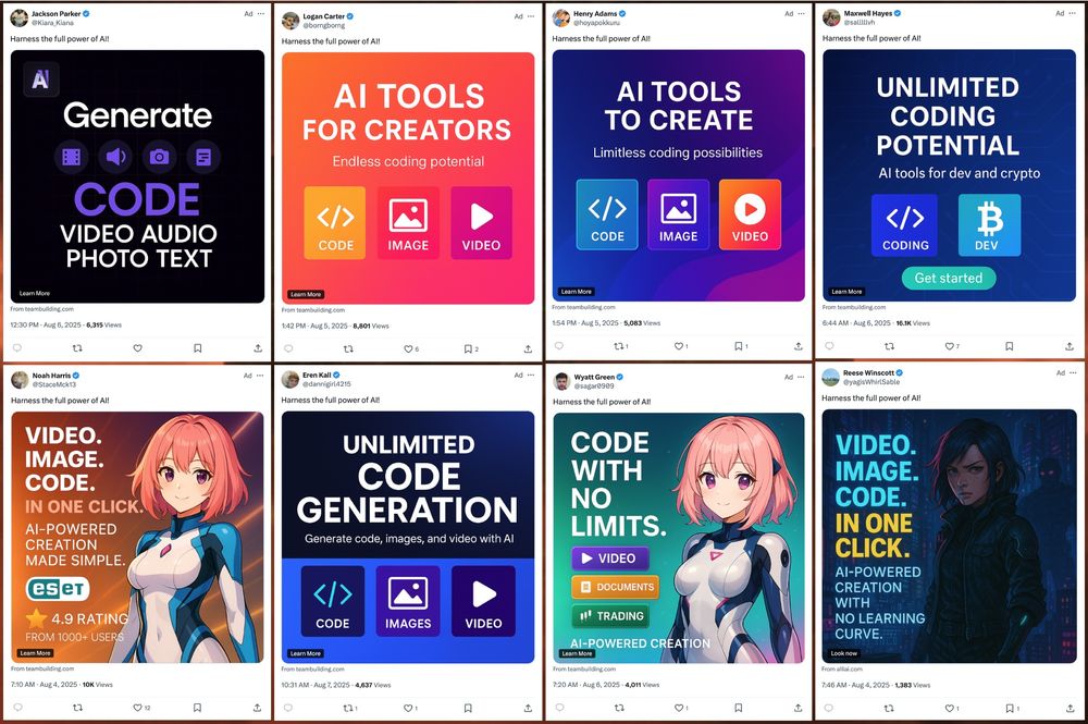 collage of 8 X ads with the slogan "Harness the full power of AI!"