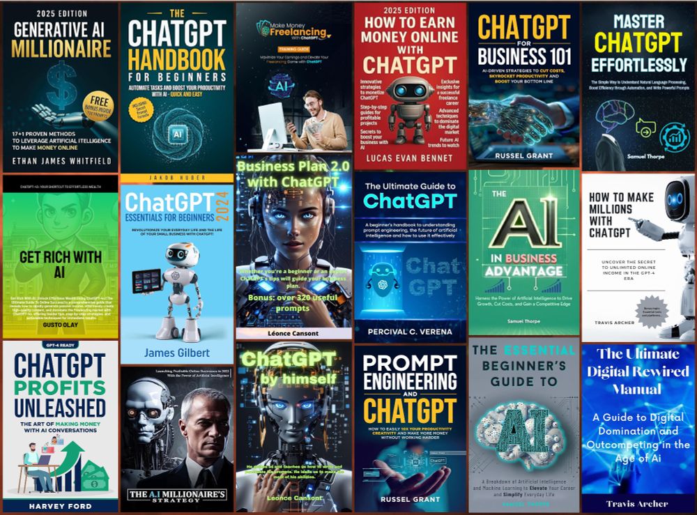 collage of the covers of 18 books about ChatGPT sold on Amazon
