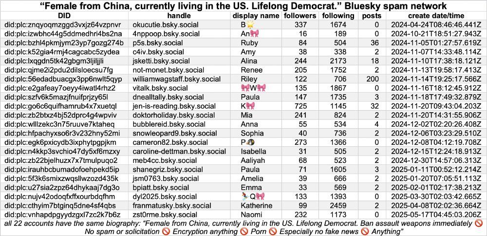 table of 22 Bluesky accounts with the biography 