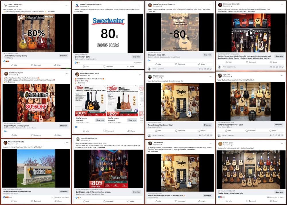collage of 12 Facebook ads for fake musical instrument retailers