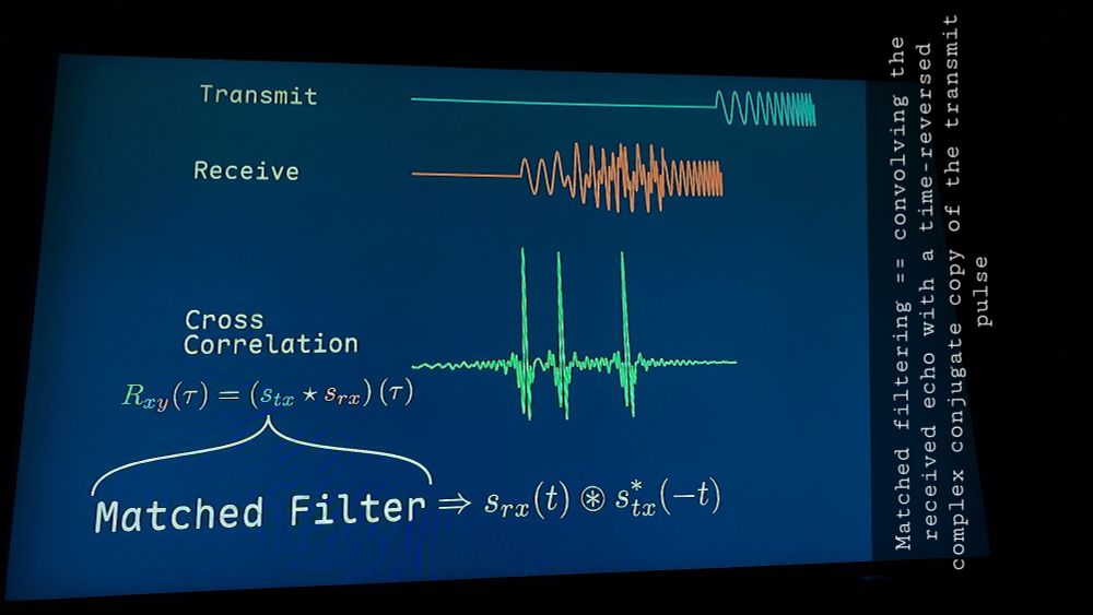 Matched filtering = convolving the received echo with a time reversed complex conjugate copy of the transmit signal. 