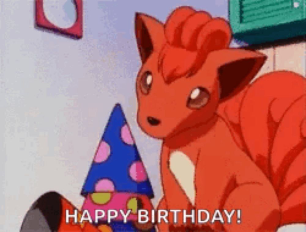 a cartoon pokemon is wearing a party hat and says `` happy birthday '' .