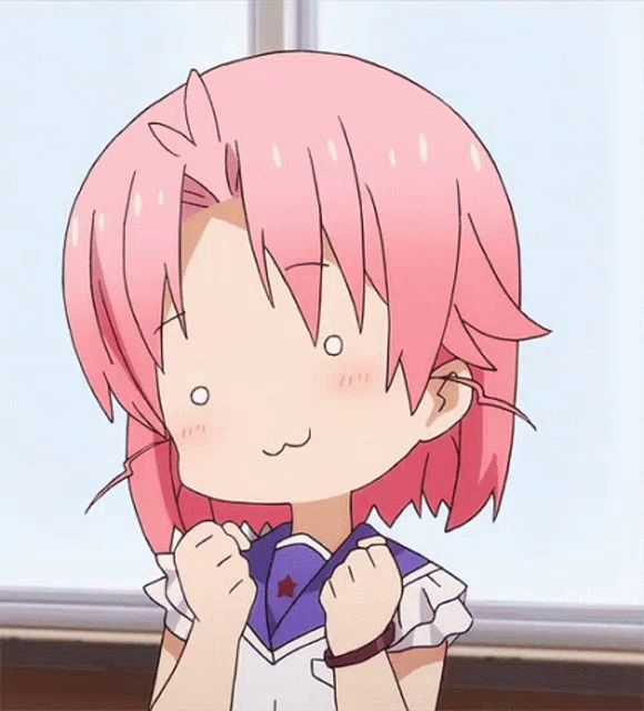 a girl with pink hair is making a face with her hands