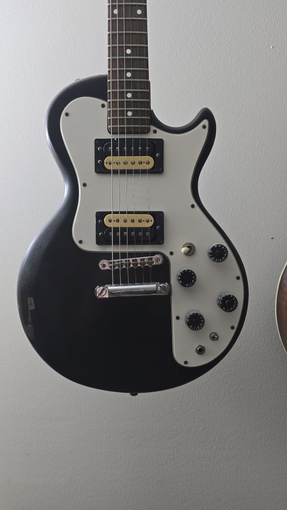 Photo showing a Gibson Sonex-180 Deluxe from the early 1980's in near mint condition hanging from a wall. This photo shows mostly the body in great detail. This image is after the annual restringing and preservation work so it looks pristine.