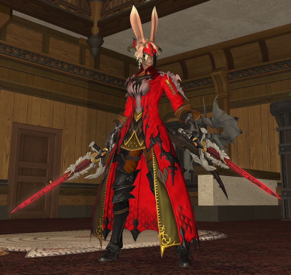 Viera viper wearing a very complex outfit, red, with many snake like accents, and two blades that look ALMOST like keyblades?