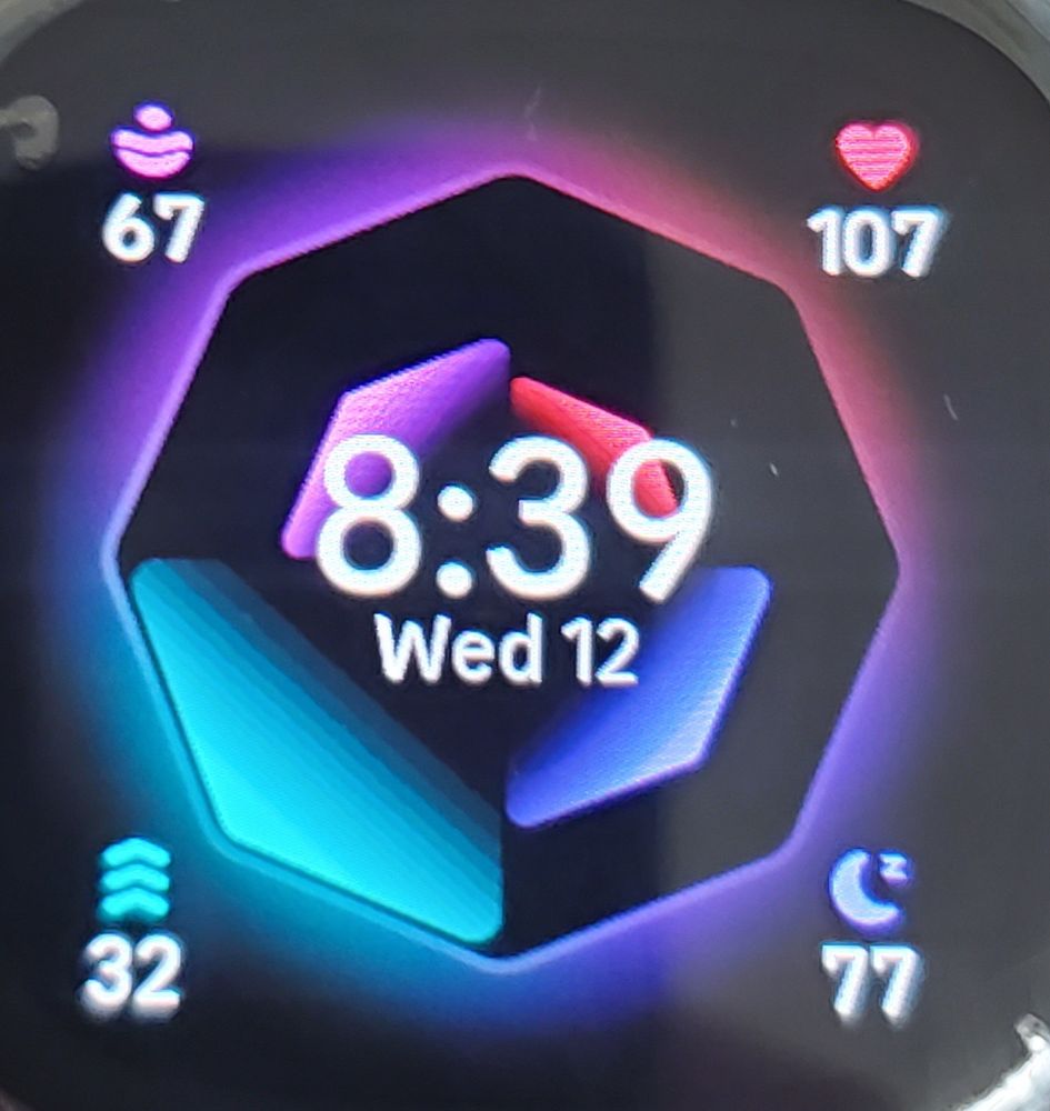 A fitbit watch face showing from top left to bottom right
Mental health 67
Heartrate 107
Cardio Zone Minutes 32
Sleep Score 77
