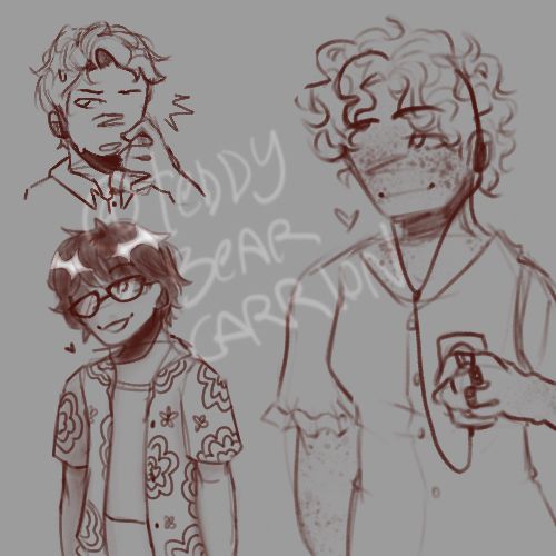 3 doodles: eddie kaspbrak holding an inhaler, richie tozier looking to the side, beverly marsh listening to a cassette 